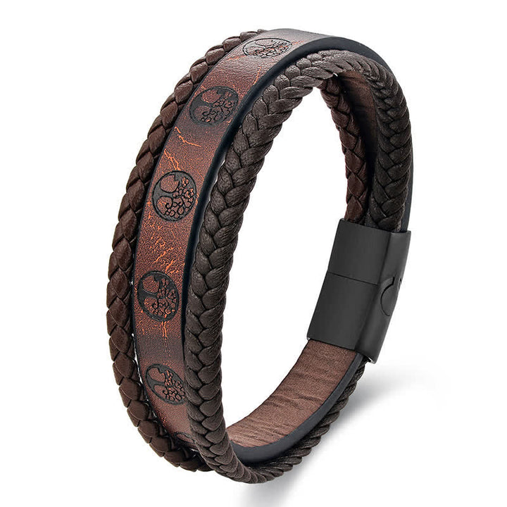 Buddha Stones Bracciale avvolgente in pelle intrecciata e acciaio al titanio con motivo Albero della Vita - image 1