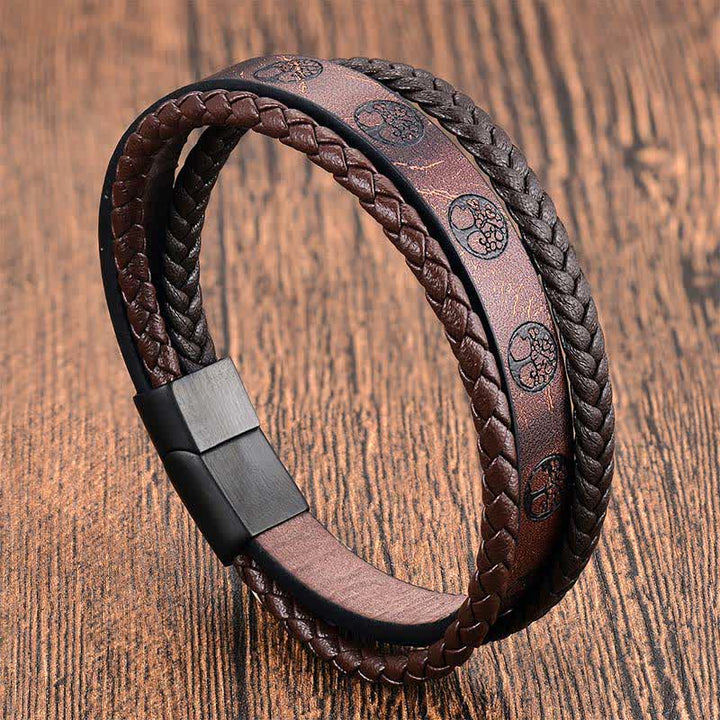 Buddha Stones Bracciale avvolgente in pelle intrecciata e acciaio al titanio con motivo Albero della Vita - Multistrato - image 0
