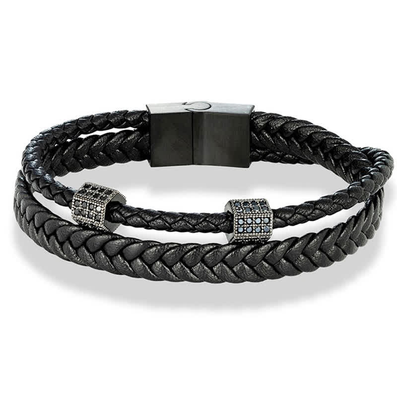 Buddha Stones Bracciale multi-avvolgimento in acciaio al titanio intrecciato a mano con pelle nera. - image 3