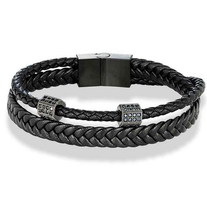 Buddha Stones Bracciale multi-avvolgimento in acciaio al titanio intrecciato a mano con pelle nera. - image 3