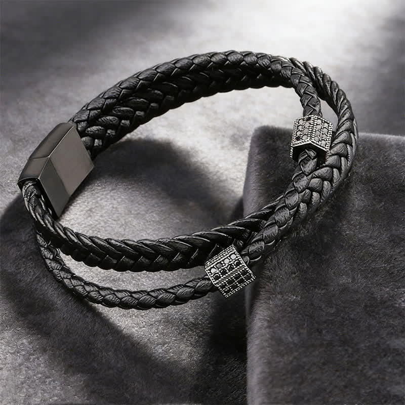 Buddha Stones Bracciale multi-avvolgimento in acciaio al titanio intrecciato a mano con pelle nera. - image 0