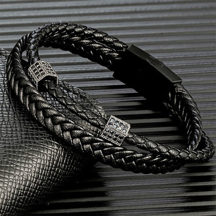Buddha Stones Bracciale multi-avvolgimento in acciaio al titanio intrecciato a mano con pelle nera. - image 2