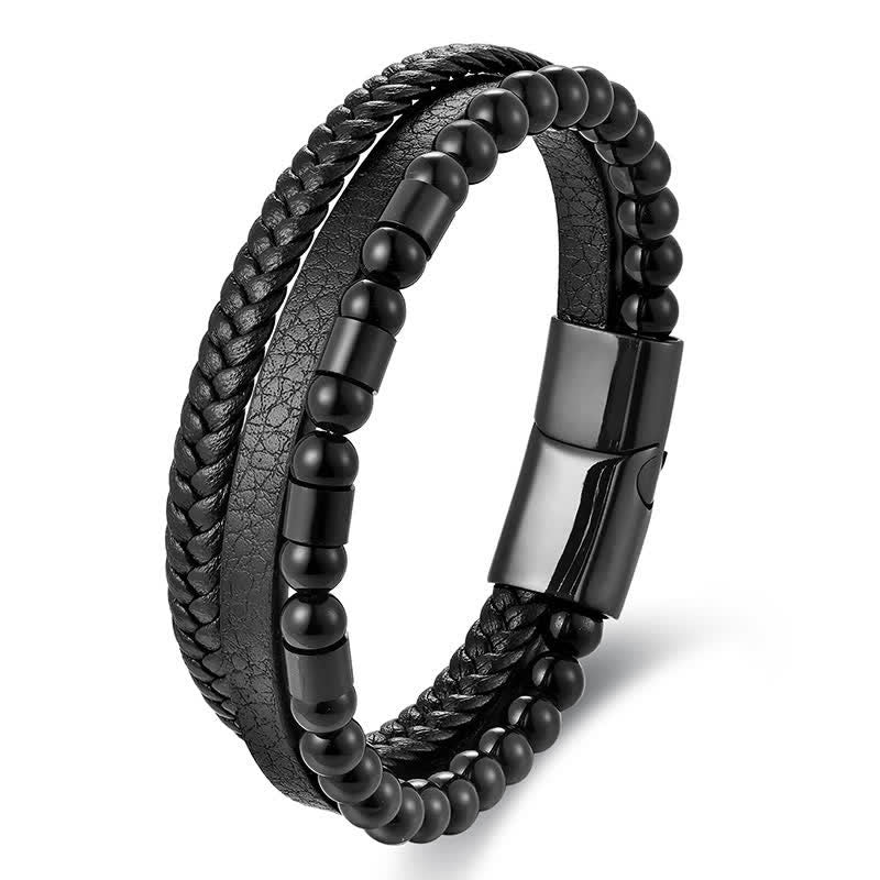 Buddha Stones Bracciale a doppio strato intrecciato in pelle nera resistente - Nero - image 0