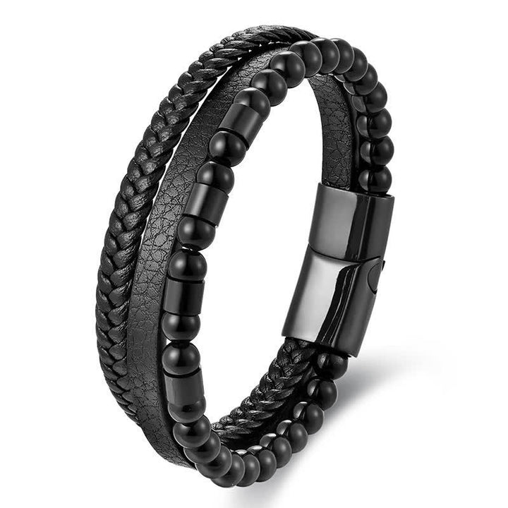 Buddha Stones Bracciale a doppio strato intrecciato in pelle nera resistente - Nero - image 0