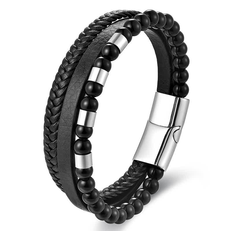 Buddha Stones Bracciale a doppio strato intrecciato in pelle nera resistente - Acciaio - image 7