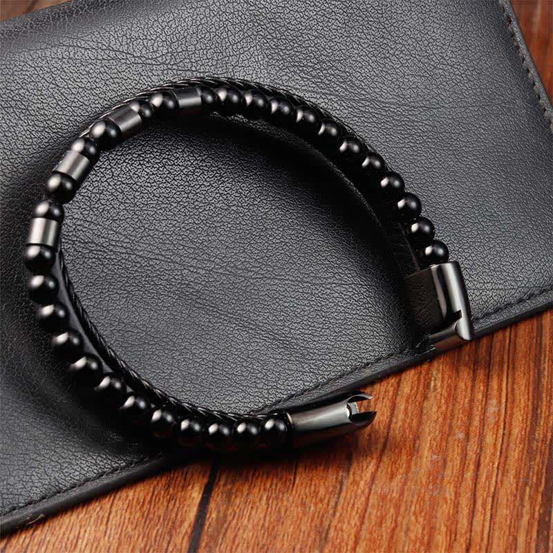 Buddha Stones Bracciale a doppio strato intrecciato in pelle nera resistente - image 6
