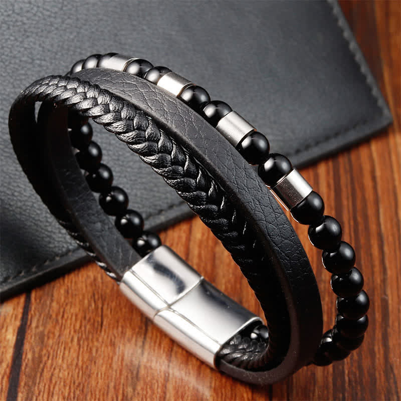 Buddha Stones Bracciale a doppio strato intrecciato in pelle nera resistente - image 9