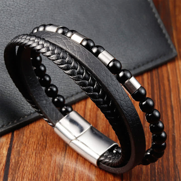 Buddha Stones Bracciale a doppio strato intrecciato in pelle nera resistente - image 9