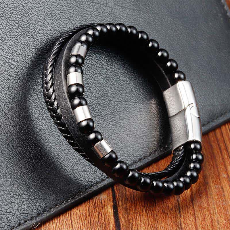 Buddha Stones Bracciale a doppio strato intrecciato in pelle nera resistente - image 10