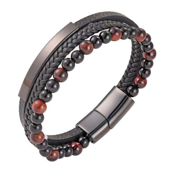 Buddha Stones Bracciale multistrato in pelle intrecciata occhio di tigre resistente - Rosso - image 12