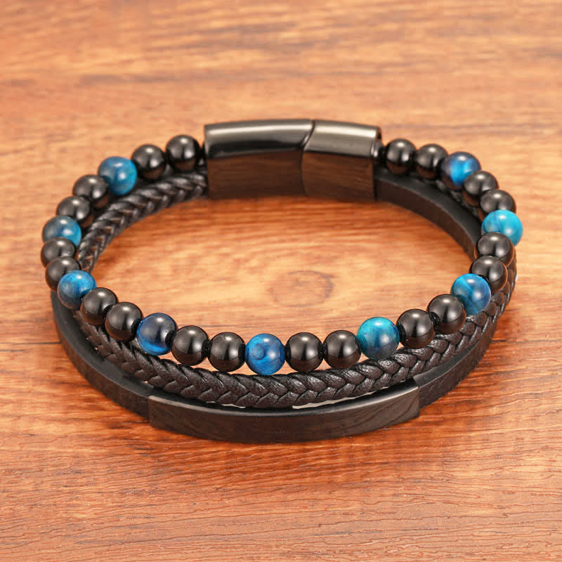 Buddha Stones Bracciale multistrato in pelle intrecciata occhio di tigre resistente - image 1
