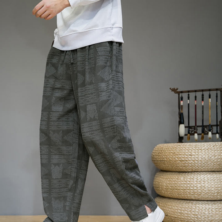Buddha Stones Pantaloni lunghi da uomo a gamba dritta, stile vintage, casual, con motivo geometrico, per primavera/estate, con tasche. - Grigio - US/UK/AU44, EU54 (4XL) - image 0
