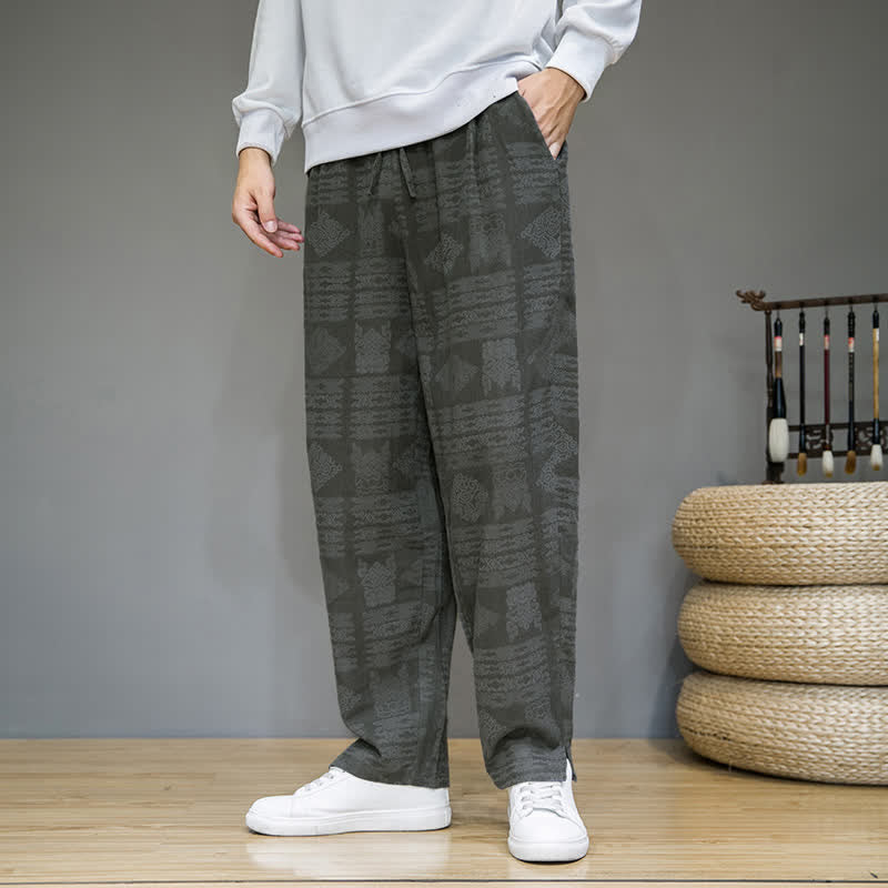 Buddha Stones Pantaloni lunghi da uomo a gamba dritta, stile vintage, casual, con motivo geometrico, per primavera/estate, con tasche. - image 2
