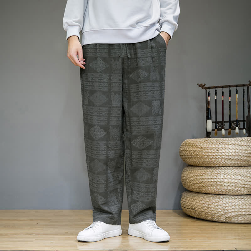 Buddha Stones Pantaloni lunghi da uomo a gamba dritta, stile vintage, casual, con motivo geometrico, per primavera/estate, con tasche. - image 1