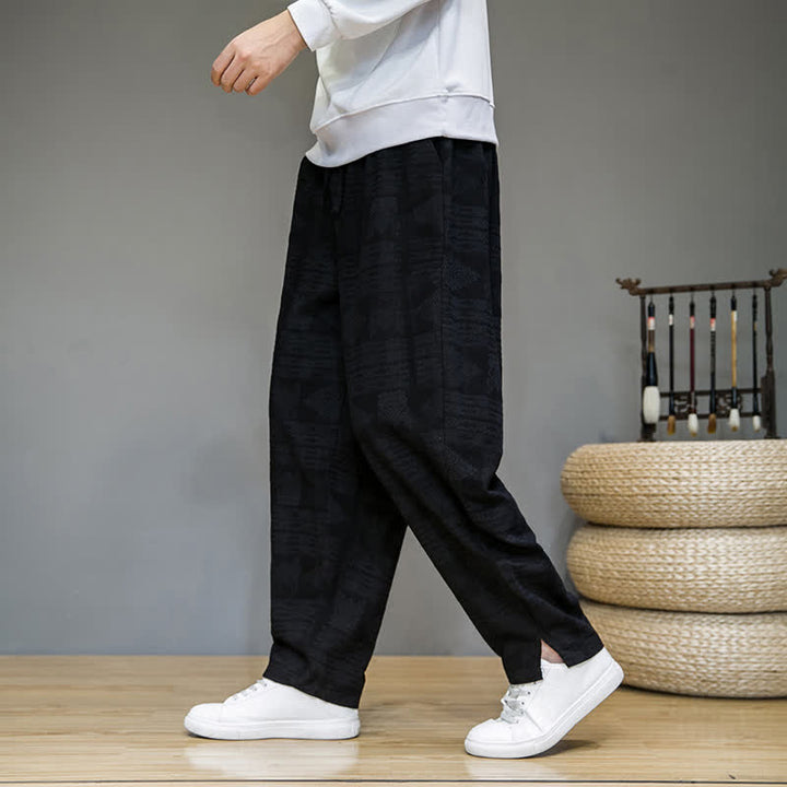 Buddha Stones Pantaloni lunghi da uomo a gamba dritta, stile vintage, casual, con motivo geometrico, per primavera/estate, con tasche. - Nero - US/UK/AU44, EU54 (4XL) - image 9