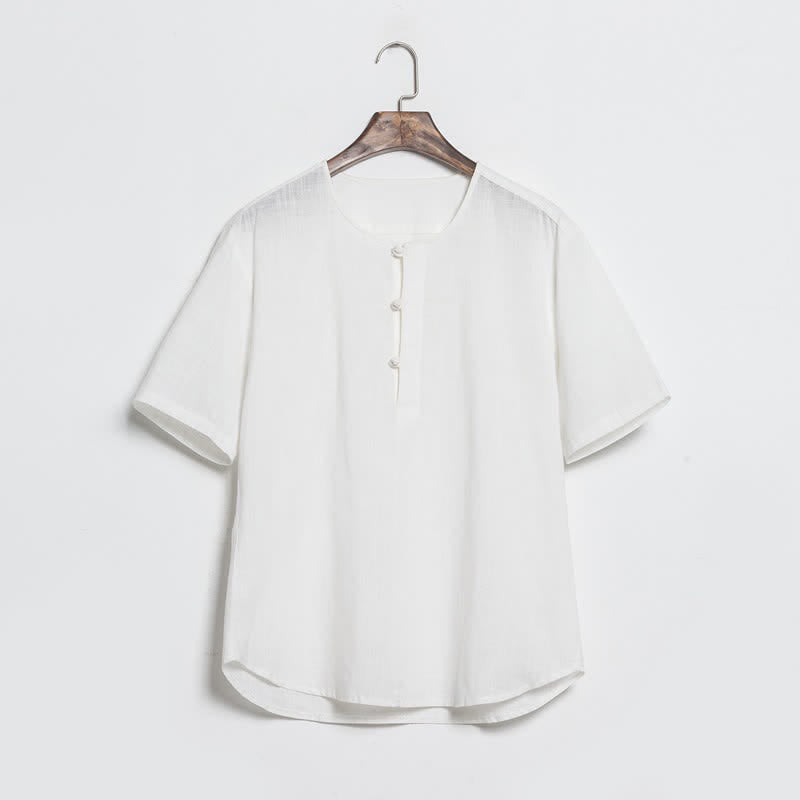 Buddha Stones Camicia da uomo a maniche corte, tinta unita, stile Tang, estiva e casual, con bottoni a rana. - Bianco - US/UK/AU46, EU56 (5XL) - image 13