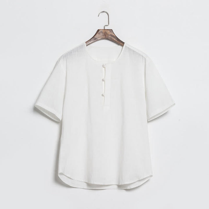 Buddha Stones Camicia da uomo a maniche corte, tinta unita, stile Tang, estiva e casual, con bottoni a rana. - Bianco - US/UK/AU46, EU56 (5XL) - image 13