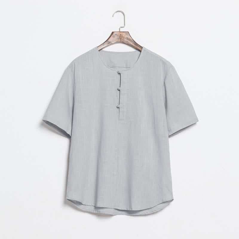 Buddha Stones Camicia da uomo a maniche corte, tinta unita, stile Tang, estiva e casual, con bottoni a rana. - Grigio chiaro - US/UK/AU46, EU56 (5XL) - image 11