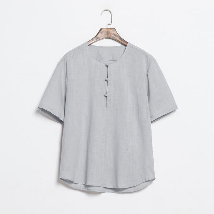 Buddha Stones Camicia da uomo a maniche corte, tinta unita, stile Tang, estiva e casual, con bottoni a rana. - Grigio chiaro - US/UK/AU46, EU56 (5XL) - image 11