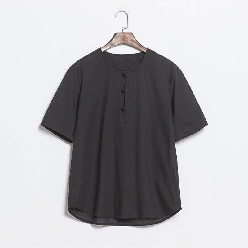 Buddha Stones Camicia da uomo a maniche corte, tinta unita, stile Tang, estiva e casual, con bottoni a rana. - Nero - US/UK/AU46, EU56 (5XL) - image 7