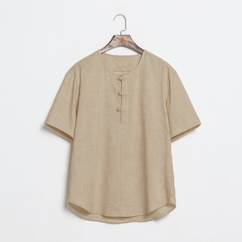 Buddha Stones Camicia da uomo a maniche corte, tinta unita, stile Tang, estiva e casual, con bottoni a rana. - Tan - US/UK/AU46, EU56 (5XL) - image 0