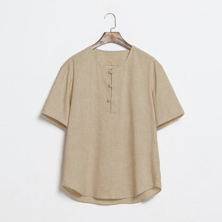 Buddha Stones Camicia da uomo a maniche corte, tinta unita, stile Tang, estiva e casual, con bottoni a rana. - Tan - US/UK/AU46, EU56 (5XL) - image 0