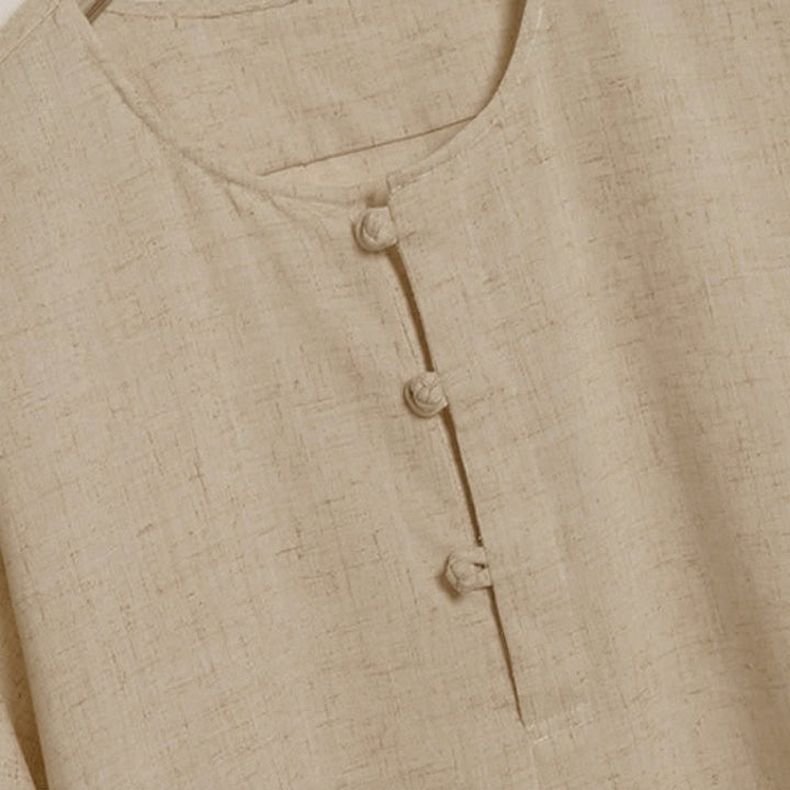 Buddha Stones Camicia da uomo a maniche corte, tinta unita, stile Tang, estiva e casual, con bottoni a rana. - image 5
