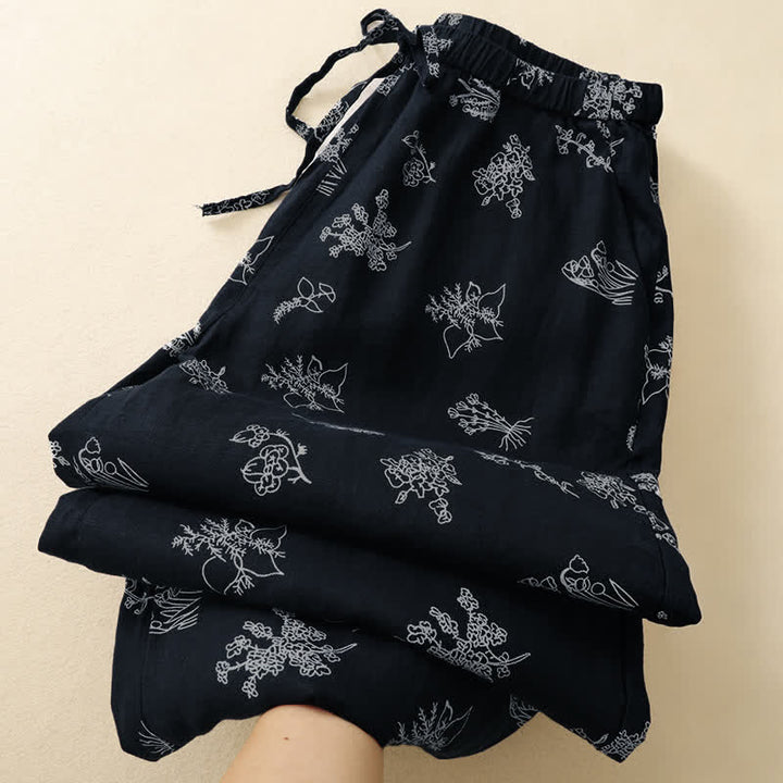 Buddha Stones Pantaloni estivi casual vintage con coulisse e stampa floreale, pantaloni a gamba larga da donna con tasca - image 9