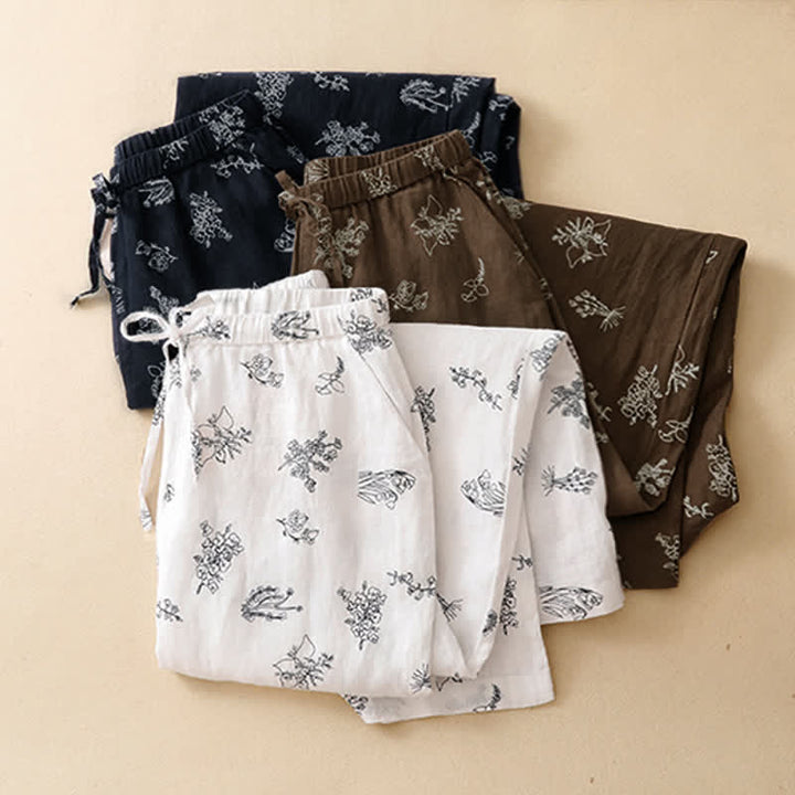 Buddha Stones Pantaloni estivi casual vintage con coulisse e stampa floreale, pantaloni a gamba larga da donna con tasca - image 19