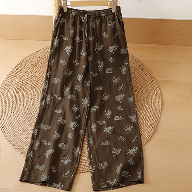 Buddha Stones Pantaloni estivi casual vintage con coulisse e stampa floreale, pantaloni a gamba larga da donna con tasca - image 2