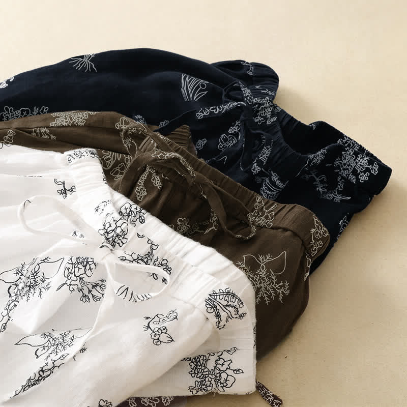 Buddha Stones Pantaloni estivi casual vintage con coulisse e stampa floreale, pantaloni a gamba larga da donna con tasca - image 20