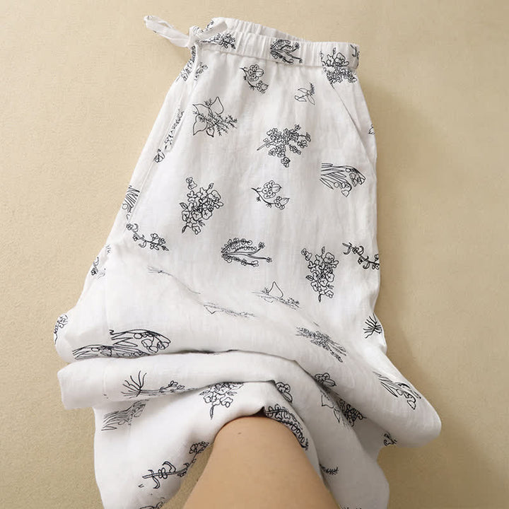 Buddha Stones Pantaloni estivi casual vintage con coulisse e stampa floreale, pantaloni a gamba larga da donna con tasca - image 17