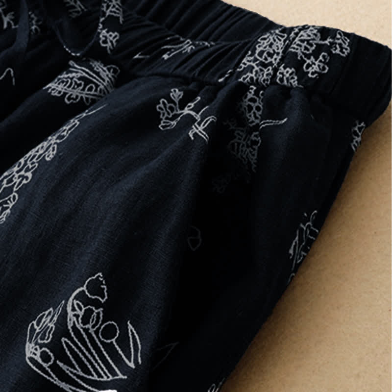 Buddha Stones Pantaloni estivi casual vintage con coulisse e stampa floreale, pantaloni a gamba larga da donna con tasca - image 12