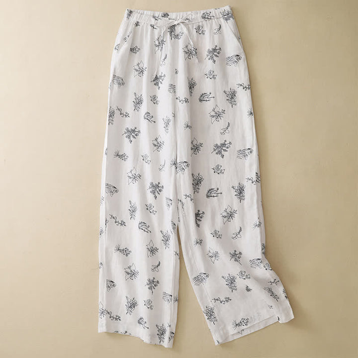 Buddha Stones Pantaloni estivi casual vintage con coulisse e stampa floreale, pantaloni a gamba larga da donna con tasca - Bianco - US8-10, UK/AU12-14, EU40-42 (2XL) - image 14