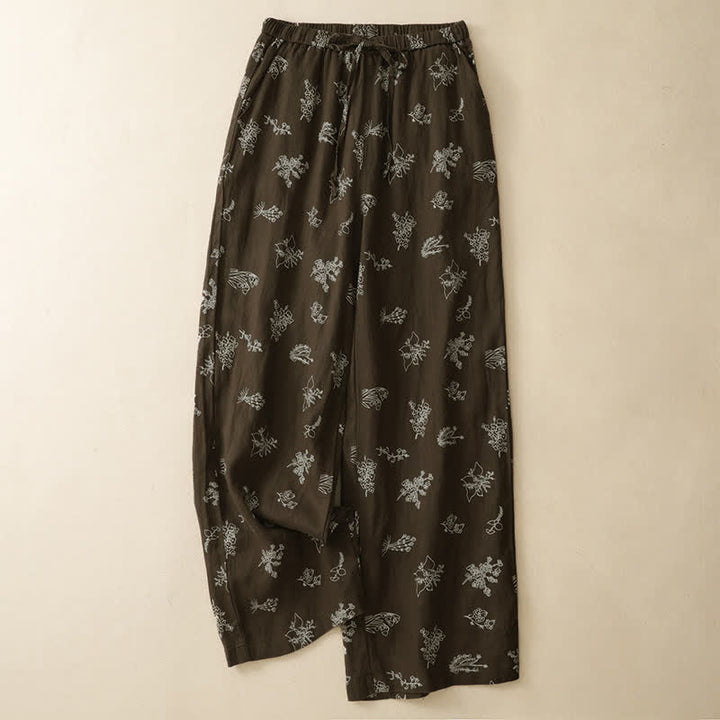 Buddha Stones Pantaloni estivi casual vintage con coulisse e stampa floreale, pantaloni a gamba larga da donna con tasca - image 1