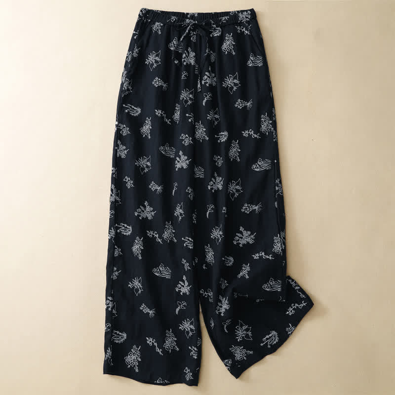 Buddha Stones Pantaloni estivi casual vintage con coulisse e stampa floreale, pantaloni a gamba larga da donna con tasca - Marina - US8-10, UK/AU12-14, EU40-42 (2XL) - image 8