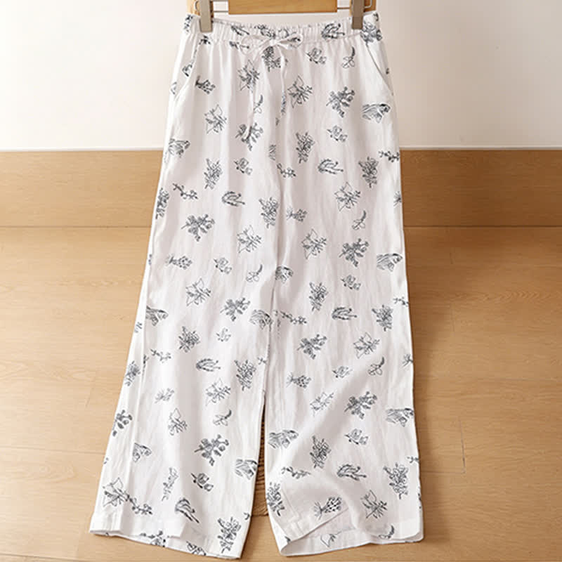 Buddha Stones Pantaloni estivi casual vintage con coulisse e stampa floreale, pantaloni a gamba larga da donna con tasca - image 15