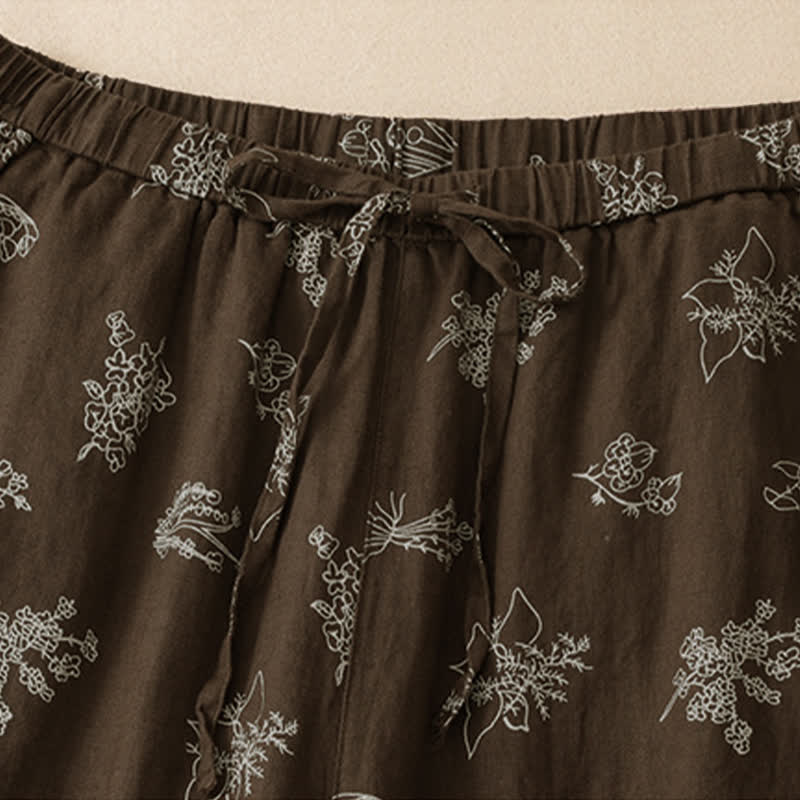 Buddha Stones Pantaloni estivi casual vintage con coulisse e stampa floreale, pantaloni a gamba larga da donna con tasca - image 4
