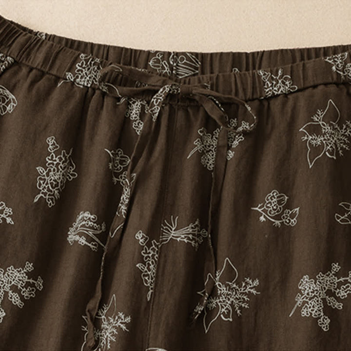 Buddha Stones Pantaloni estivi casual vintage con coulisse e stampa floreale, pantaloni a gamba larga da donna con tasca - image 4