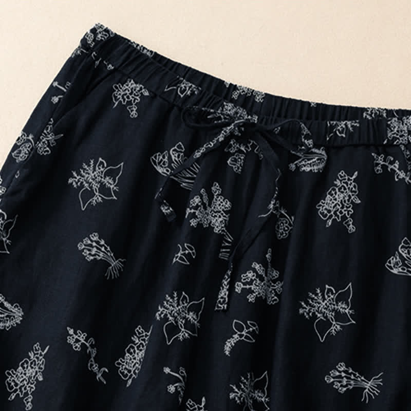Buddha Stones Pantaloni estivi casual vintage con coulisse e stampa floreale, pantaloni a gamba larga da donna con tasca - image 10
