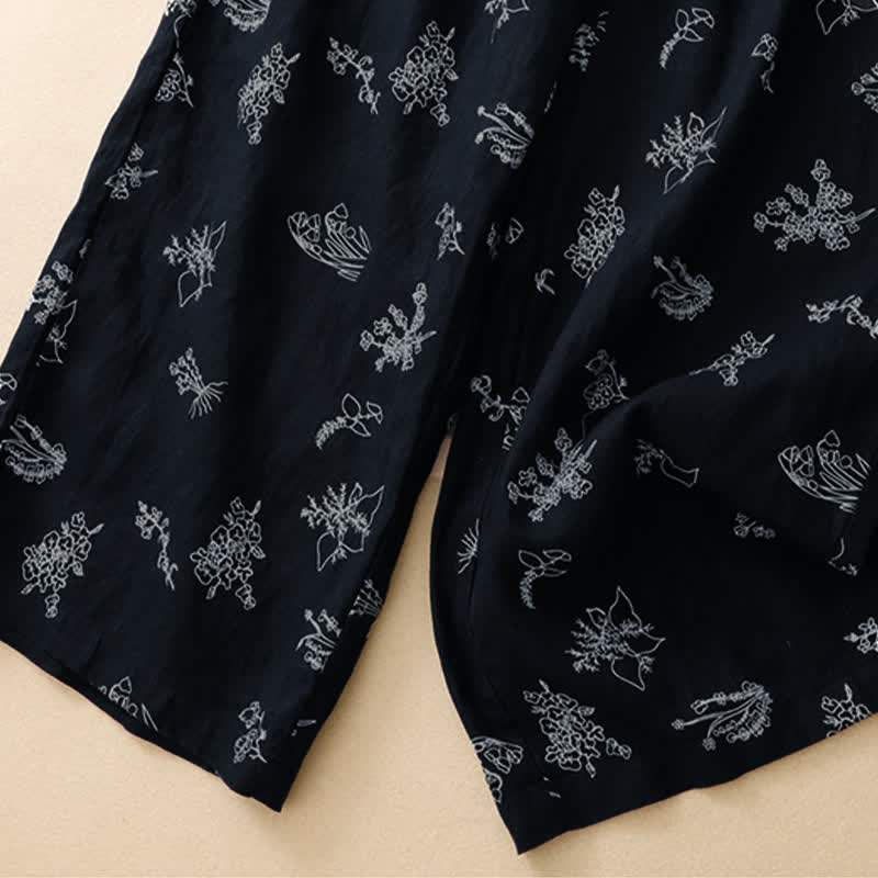 Buddha Stones Pantaloni estivi casual vintage con coulisse e stampa floreale, pantaloni a gamba larga da donna con tasca - image 13