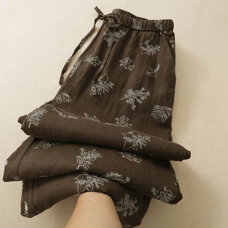 Buddha Stones Pantaloni estivi casual vintage con coulisse e stampa floreale, pantaloni a gamba larga da donna con tasca - image 3
