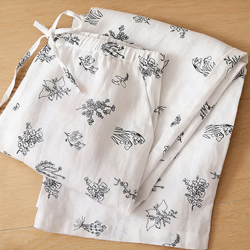 Buddha Stones Pantaloni estivi casual vintage con coulisse e stampa floreale, pantaloni a gamba larga da donna con tasca - image 16