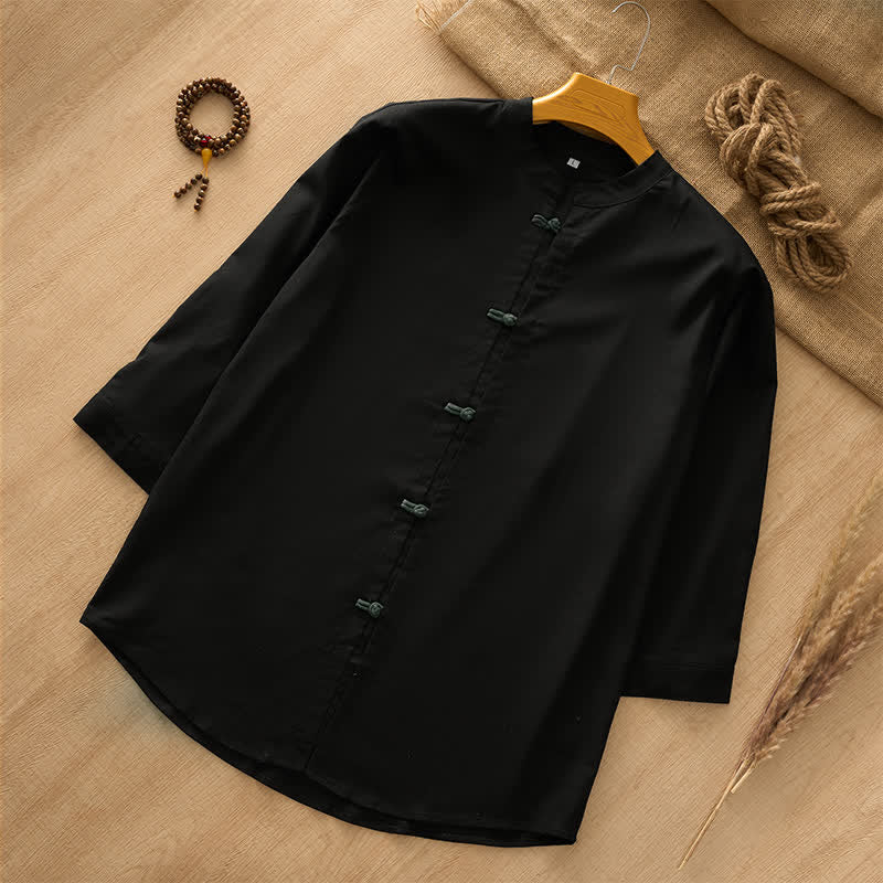 Buddha Stones Camicia da uomo a maniche lunghe, stile Tang, casual, con bottoni a rana, tinta unita, per primavera/estate. - Nero - US/UK/AU44, EU54 (3XL) - image 5