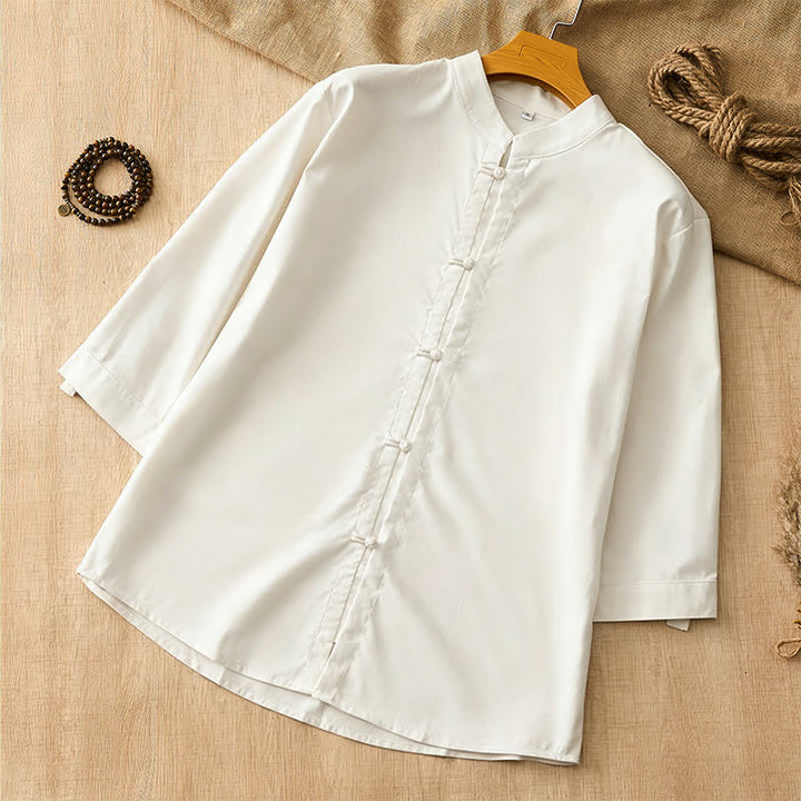 Buddha Stones Camicia da uomo a maniche lunghe, stile Tang, casual, con bottoni a rana, tinta unita, per primavera/estate. - Bianco - US/UK/AU44, EU54 (3XL) - image 20