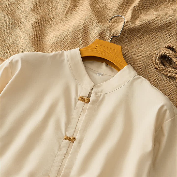 Buddha Stones Camicia da uomo a maniche lunghe, stile Tang, casual, con bottoni a rana, tinta unita, per primavera/estate. - image 4