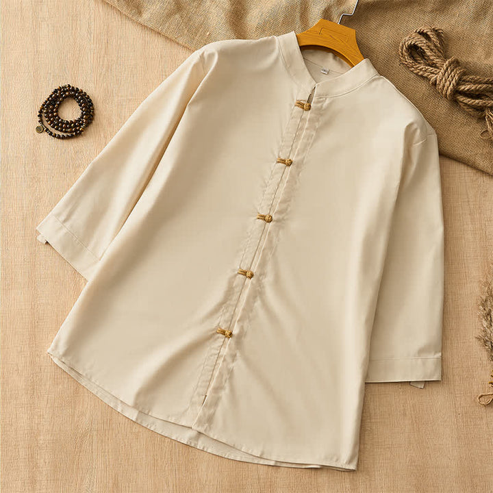 Buddha Stones Camicia da uomo a maniche lunghe, stile Tang, casual, con bottoni a rana, tinta unita, per primavera/estate. - Beige - US/UK/AU44, EU54 (3XL) - image 0