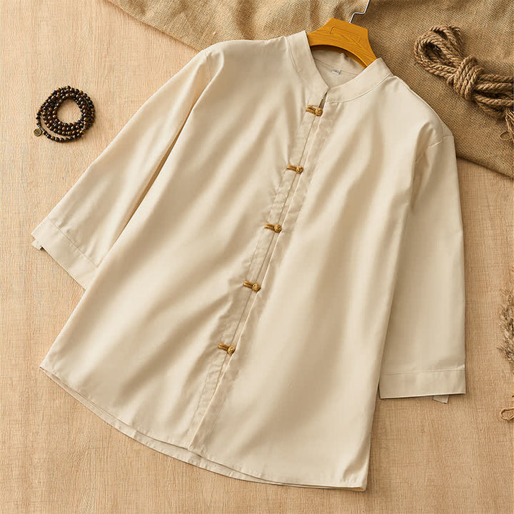 Buddha Stones Camicia da uomo a maniche lunghe, stile Tang, casual, con bottoni a rana, tinta unita, per primavera/estate. - image 1