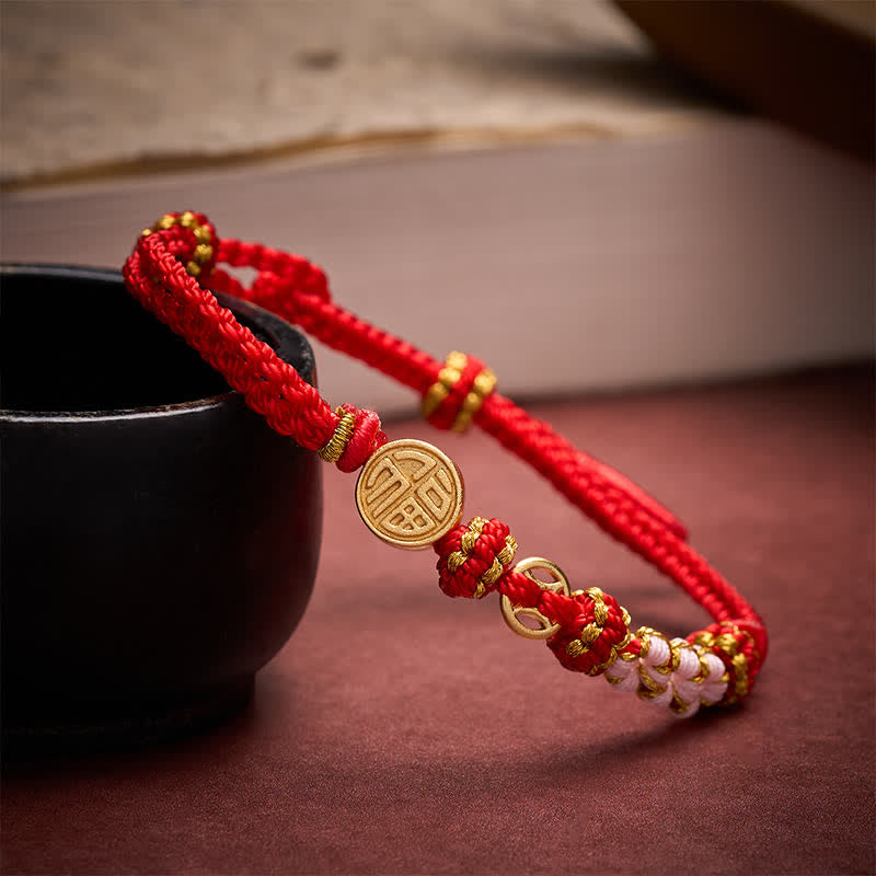 Buddha Stones Braccialetto portafortuna con monete di rame e cordino rosso, personaggio Fu, con cordino rosso. - Cordino rosso (circonferenza del polso: 15–18 cm) - image 0