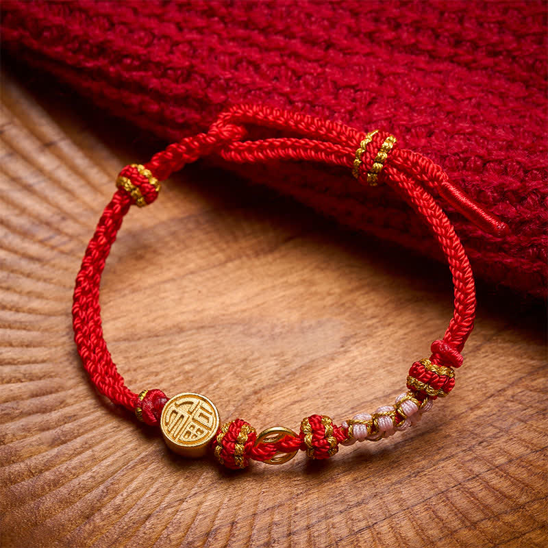 Buddha Stones Braccialetto portafortuna con monete di rame e cordino rosso, personaggio Fu, con cordino rosso. - image 1